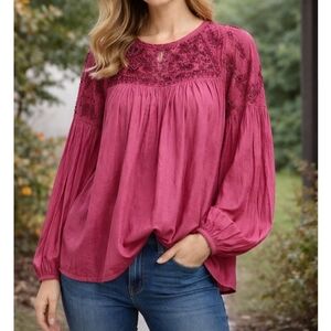 Free People  Beaded Embroidered Top. Dark Red Size Large